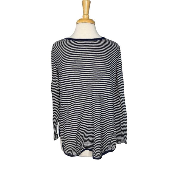 EILEEN FISHER Linen Blend Long Sleeve Top Size Large Womens Blue Tan Stripe - Picture 1 of 9